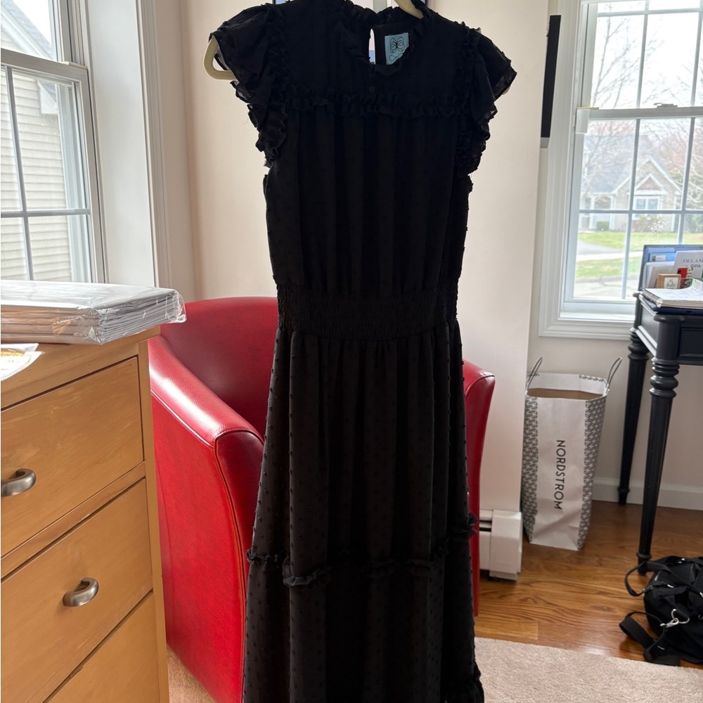 CeCe black tiered Maxi dress clip‎ dotted Flutter sleeve lined Small fairy
